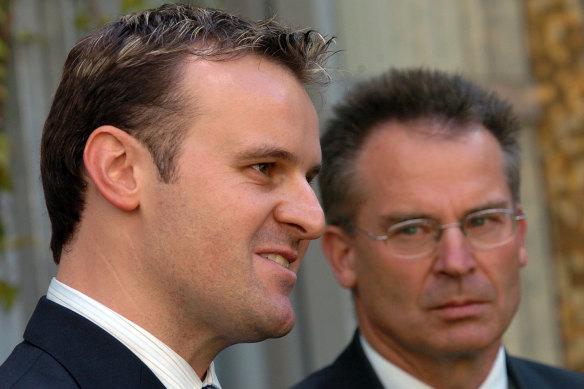 Former chief minister Jon Stanhope (right) with Andrew Barr, the current Chief Minister, in 2006. 