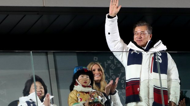 South Korean President Moon Jae in, South Korea's first lady Kim Jung-sook  and Ivanka Trump  arrive for the the closing ceremony of the PyeongChang 2018 Olympic Games.