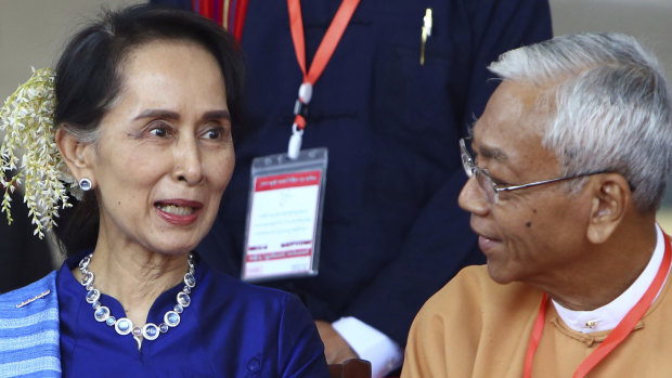 Myanmar's de factor leader Aung San Suu Kyi with President Htin Kyaw.