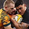 Max Jorgensen and Codie Taylor tussle for possession in last year’s Bledisloe Cup.