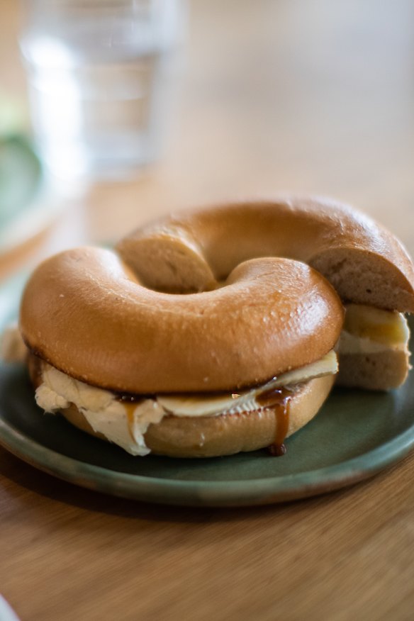 Migrant Coffee’s sweet treat bagel, with coconut jam.