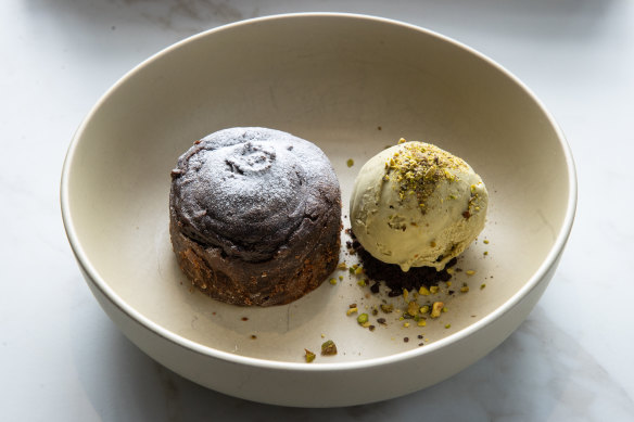 Bitter-sweet chocolate fondant with creamy pistachio gelato.