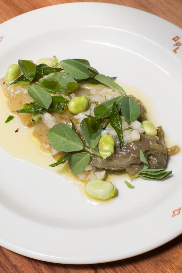 Marinated eggplant, broad beans with garlic dressing.