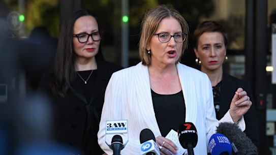 SRL Minister Harriet Shing, Premier Jacinta Allan, and Transport Infrastructure Minister Gabrielle Williams on Tuesday.