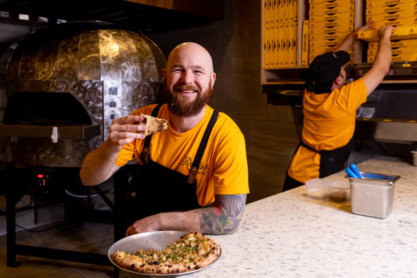 Dale Mann, the owner-chef at Ribelle in Freshwater, with his pizza adapted from a French chicken pie. 