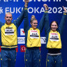 Gold medallists Jack Cartwright, Kyle Chalmers, Shayna Jack and Mollie O’Callaghan after the mixed 4x100m freestyle relay final.