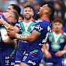 Happy Warriors celebrate a try in their win over Wests Tigers.