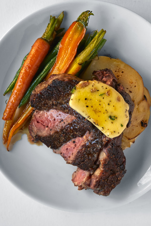 Black Angus scotch fillet with “Nan’s potato bake”.