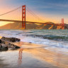 The famous Golden Gate Bridge in San Francisco at sunset. 