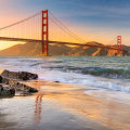 The famous Golden Gate Bridge in San Francisco at sunset. 