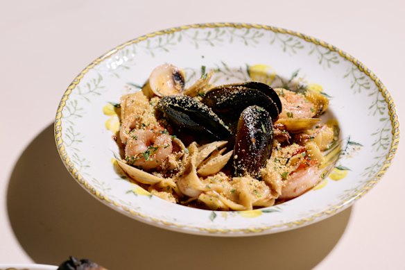 Seafood scialatielli with capers, chilli, tomato, lemon, parsley-pangrattato.