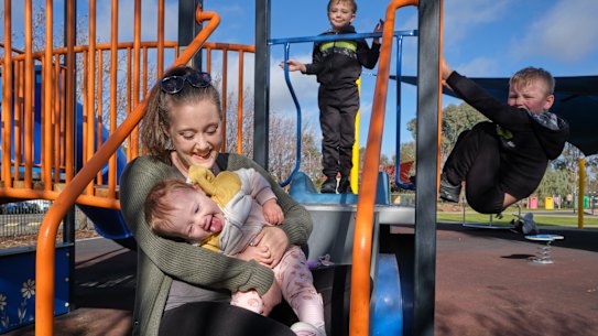Breanna Macfarlane in Mildura with her children Willow, Nathaniel and Zacharia. 