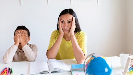 Bored parent and child at home.
