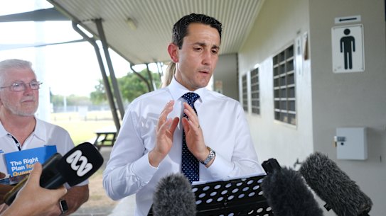 LNP leader David Crisafulli speaks to journalists during a campaign stop in Cairns on Tuesday.