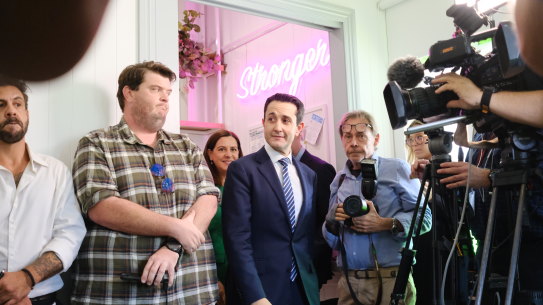 Queensland Premier David Crisafulli arrives to speak to media at the Women’s Legal Service in Annerley