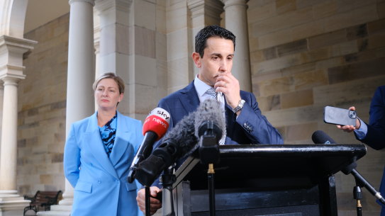 Queensland LNP Opposition Leader David Crisafulli with shadow cabinet member Amanda Camm.