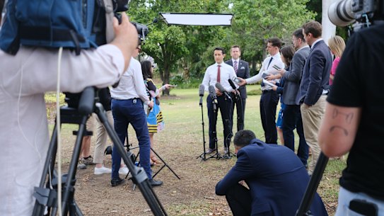 David Crisafulli faces journalists in Brisbane on T