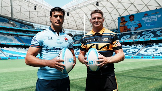 Joseph-Aukuso Suaalii and Jordie Barrett pose at Allianz Stadium.