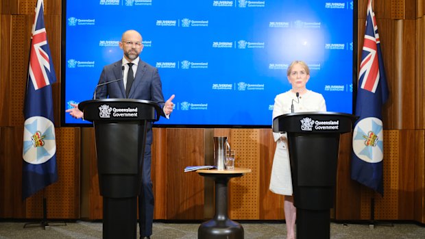 Queensland Treasurer David Janetzki and Finance Minister Ros Bates hold a media conference to outline the state’s mid-financial year budget update on Monday.