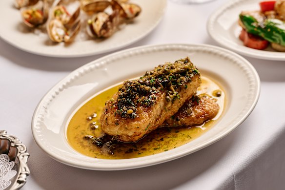 Fish of the day ‘a la meuniere’ with brown butter, green Sichuan peppercorn, charred green chilli and capers.