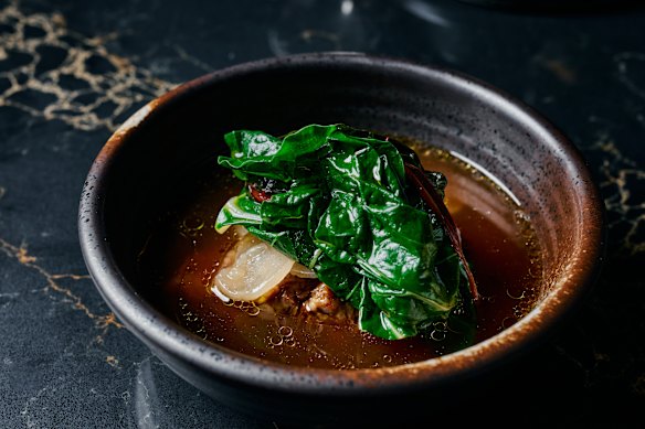 Braised short rib, spiced bone broth, kohlrabi and rainbow chard.