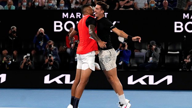 A new Netflix docuseries traces the bromance between Nick Kyrgios and Thanasi Kokkinakis, pictured here chest-bumping during the 2022 Australian Open.