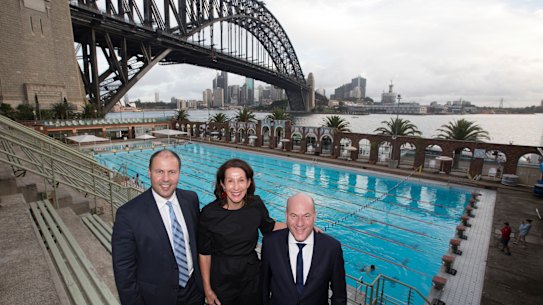 Treasurer Josh Frydenberg, North Sydney mayor Jilly Gibson and North Shore federal MP Trent Zimmerman.
