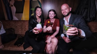 Joel Bainbridge, Phoebe Askham (centre), and Sascha Mocerino enjoying a cocktail at Nick and Noraâ€™s.