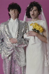 Russell (left) and Ron Mael dressed as a bride and groom in 1982 for the cover of their album, ‘Angst In My Pants’. 
