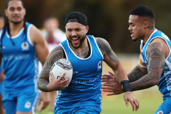 Jazz Tevaga is all smiles during Samoa’s training session ahead of Saturday night’s clash with the Cook Islands.