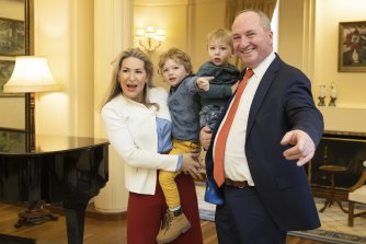 Barnaby Joyce  poses for photos with partner Vikki Campion and children Sebastian and Thomas during the swearing-in ceremony as Deputy Prime Minister.