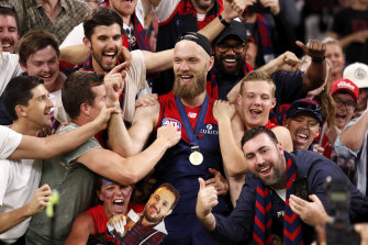 Max Gawn celebrates with fans after Melbourne’s 2021 AFL grand final victory. The game was the most-watched show of the year. 