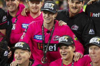 Steve Smith celebrates the Sydney Sixers’ BBL win a couple of years ago.