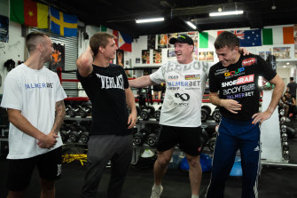 Sam Goodman, Nikita Tszyu, Paul Gallen and Harry Garside at Bondi Boxing Club.