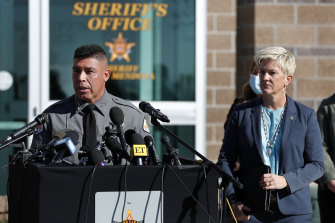 Santa Fe County Sheriff Adan Mendoza, left, and District Attorney Mary Carmack-Altwies provided an update on the investigation.