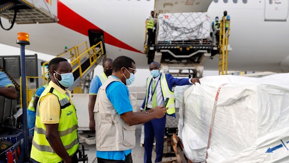 The first shipment of COVID-19 vaccines distributed by the COVAX Facility arriving at the Kotoka International Airport in Accra, Ghana. 