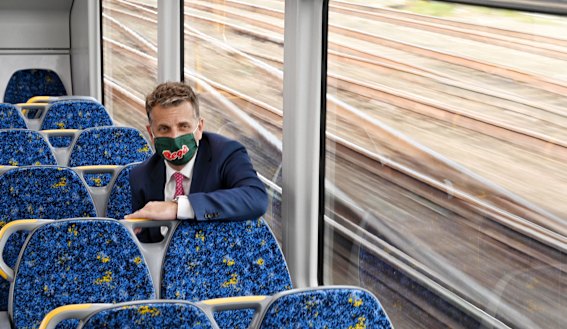 NSW Transport Minister Andrew Constance inspects a new Waratah Series 2 train on Wednesday.