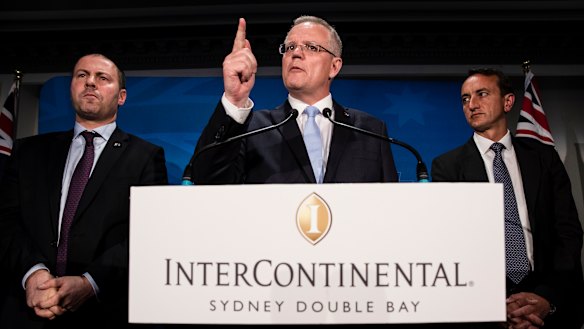 Scott Morrison speaks after the Wentworth byelection, flanked by Treasurer Josh Frydenberg and Wentworth candidate Dave Sharma.