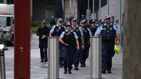 Police ahead of a speaking event hosting Israeli President Isaac Herzog.