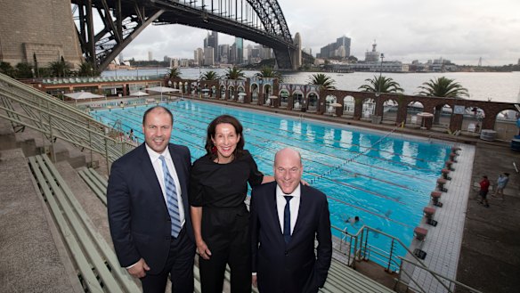 Treasurer Josh Frydenberg, North Sydney mayor Jilly Gibson and North Shore federal MP Trent Zimmerman at North Sydney Pool in 2019.