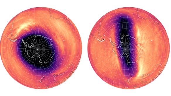 The disturbance in the stratospheric polar vortex over Antarctica in early August 2024. The colours show the air temperature at 10hPa, from less than -75 Celsius (black) to more than 35 degrees (yellow).