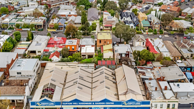 Aerial shot of 15-33 Queens Parade, Clifton Hill, near the top of Smith Street.