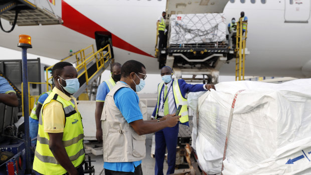 The first shipment of COVID-19 vaccines distributed by the COVAX Facility arriving at the Kotoka International Airport in Accra, Ghana. 
