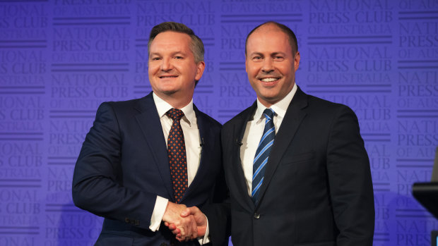 Treasurer Josh Frydenberg and shadow treasurer Chris Bowen at the National Press Club.