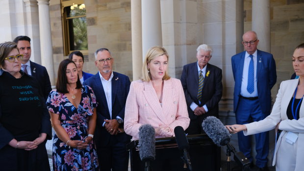 Queensland Minister for Women Shannon Fentiman announces legislation to criminalise coercive control. with anti-domestic and family violence campaigners Sue and Lloyd Clarke in attendence.