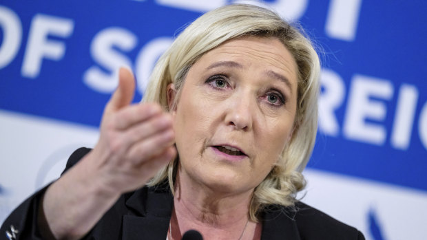 Leader of the French National Front Marine Le Pen speaks during a news conference in Tallinn, Estonia.