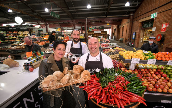 Melbourne’s Food and Wine Festival will return next month. Organiser Anthea Loucas Bosha (left) is pictured with chefs Tom Sarafian and Shane Delia at the Queen Victoria Market.