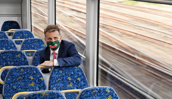 NSW Transport Minister Andrew Constance inspects a new Waratah Series 2 train on Wednesday.