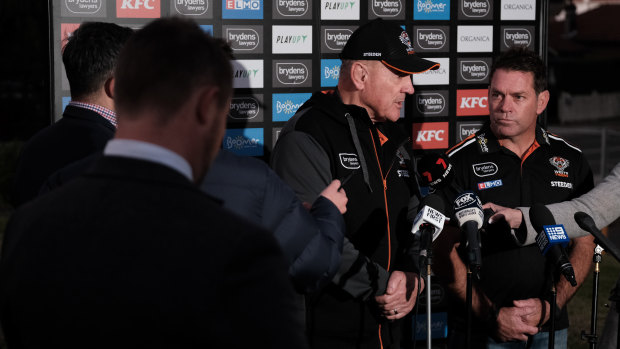 Tim Sheens and Brett Kimmorley front the cameras on Tuesday evening after the decision to sack Maguire.