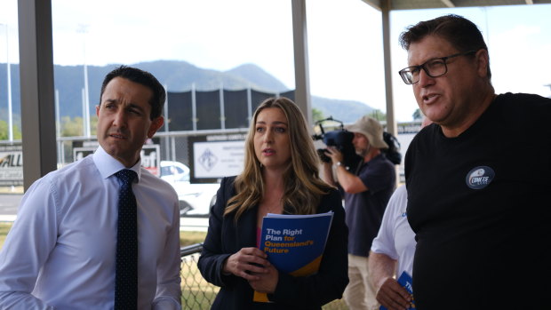 David Crisafulli, youth justice spokesperson Laura Gerber and Southside Comets FC president Keiren O’Brien inspect recent security upgrades at the football club.